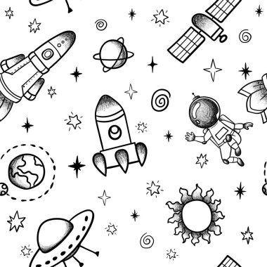 El çizimi uzay afişi şablonu. Uzay Karalama Vektörü çizimi, karikatür roketleri, gezegenler, yıldızlar. Tasarımınız için evren