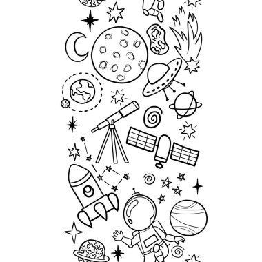 El çizimi uzay afişi şablonu. Uzay Karalama Vektörü çizimi, karikatür roketleri, gezegenler, yıldızlar. Tasarımınız için evren