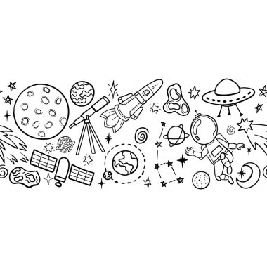 El çizimi uzay afişi şablonu. Uzay Karalama Vektörü çizimi, karikatür roketleri, gezegenler, yıldızlar. Tasarımınız için evren