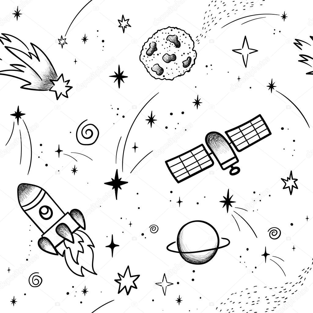 Hand drawn space banner template. Space doodle Vector illustration with cartoon rocket, planets, stars. Universe for your design