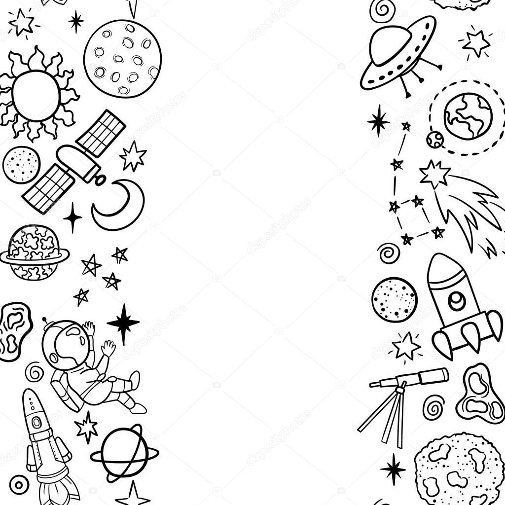 Hand drawn space banner template. Space doodle Vector illustration with cartoon rocket, planets, stars. Universe for your design