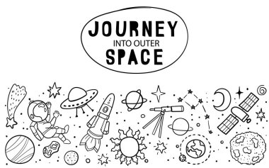 El çizimi uzay afişi şablonu. Uzay vektörü çizimleri, roketler, gezegenler, yıldızlar. Tasarımınız için evren