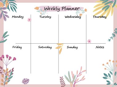 Beyaz üzerine izole edilmiş farklı bitkilerin haftalık vektör planlayıcısı. Çiçekler ve yapraklar markalaşma projeleri, logolar, el yapımı el yapımı eşyalar, web sayfaları, dergi illüstrasyonları, defter ve kitap kapakları, afişler