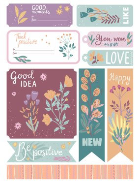 Beyaza izole edilmiş farklı bitkilere sahip bir dizi çıkartma. Çiçekler ve yapraklar markalaşma projeleri, logolar, el yapımı el yapımı eşyalar, web sayfaları, dergi illüstrasyonları, defter ve kitap kapakları, afişler