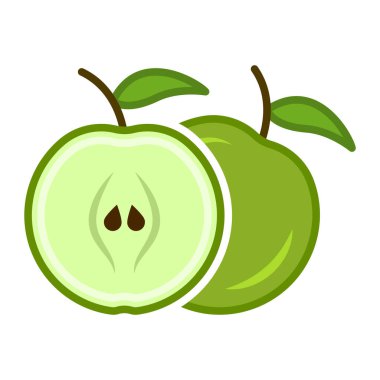 Bölümde yeşil bir elmanın minimalist çizgi film ikonu. Birbiri ardına konum. Beyaz arkaplanda izole vektör illüstrasyonu.