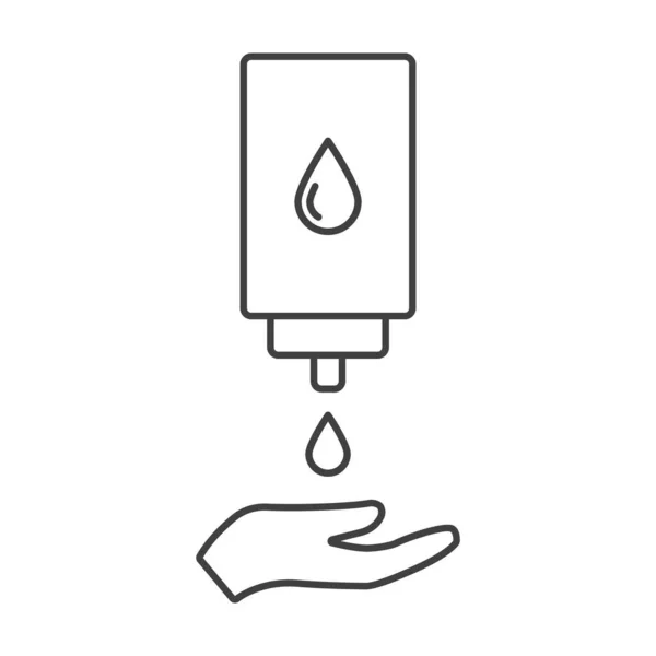 Ícone de dispensação de higienizador de mão. Um desenho de linha simples de um sabão ou produto antibacteriano. Vetor isolado sobre fundo branco. — Vetor de Stock
