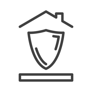 Ev ve bölge koruma ikonu. Bir evin çatısının altında basit bir kalkan görüntüsü. Beyaz arkaplanda izole edilmiş vektör.