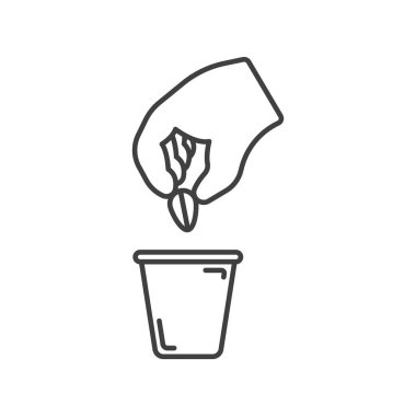 Tohum ekme ikonu. Çiçek saksısına tohum eken bir elin basit çizimi. Beyaz arkaplanda izole edilmiş vektör.