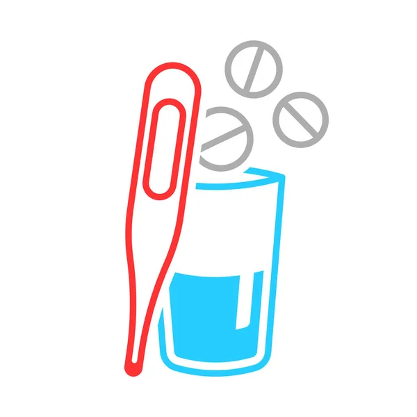 Πολύχρωμη εικόνα θερμόμετρου και ποτηριού με φάρμακο. Απλή γραμμική εικόνα των χαπιών που πετούν σε ένα ποτήρι νερό και ένα θερμόμετρο για τη μέτρηση της θερμοκρασίας. Μεμονωμένο διάνυσμα σε λευκό φόντο. — Διανυσματικό Αρχείο