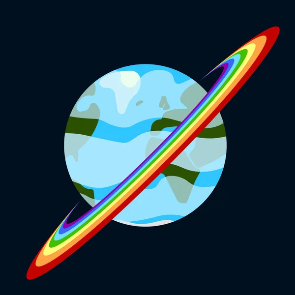 Tecknad bild av en planet med ett regnbågsbälte. Abstrakt detaljerad flerfärgad bild. Vektorritning i svart yttre rymden. — Stock vektor