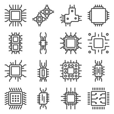 İşlemci mikro devre simgeleri ayarlandı. Elektronik bir cihazda basit bir çip, devre ve işlemci çizimi. Beyaz arkaplanda izole edilmiş vektör.