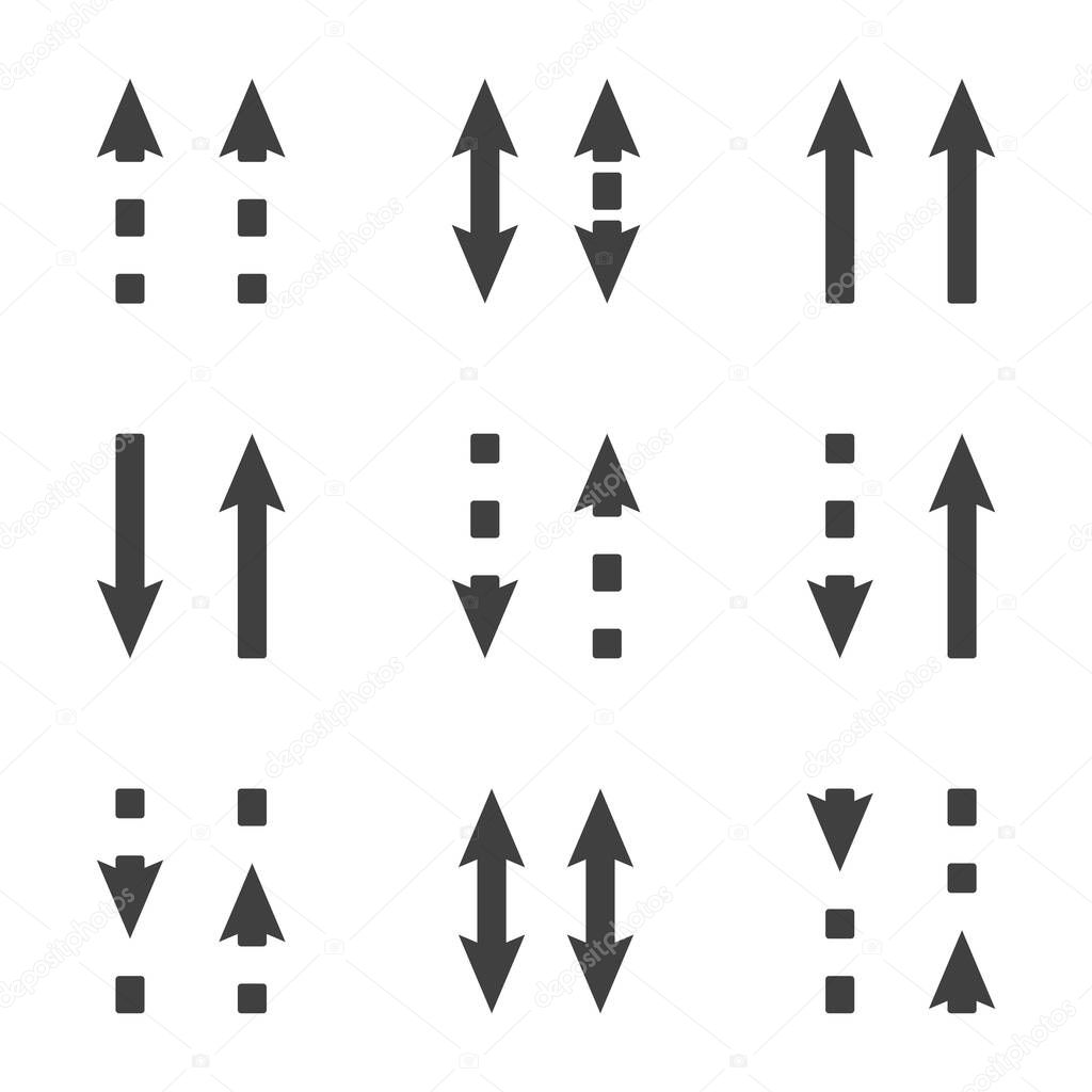 Direction arrows icons set. Straight and dashed arrows in the same and different directions. Simple linear image. Isolated vector on white background