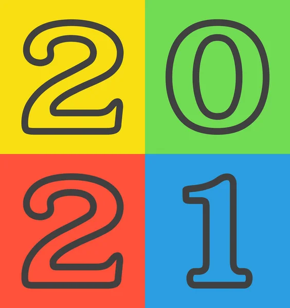 Imagem de 2021 em quatro pranchas de arte de cores diferentes conectadas a um grande fundo. Imagem elegante. Ilustração vetorial. — Vetor de Stock