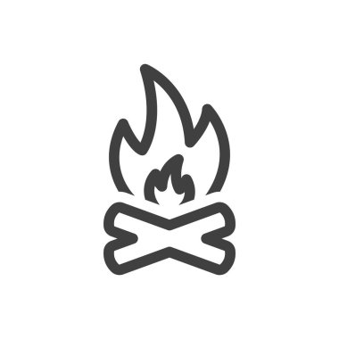 Şenlik ateşi ikonu. Çapraz kütüklerin ve üzerlerindeki ateşin basit bir çizgisel temsili. Beyaz arkaplanda izole edilmiş vektör.