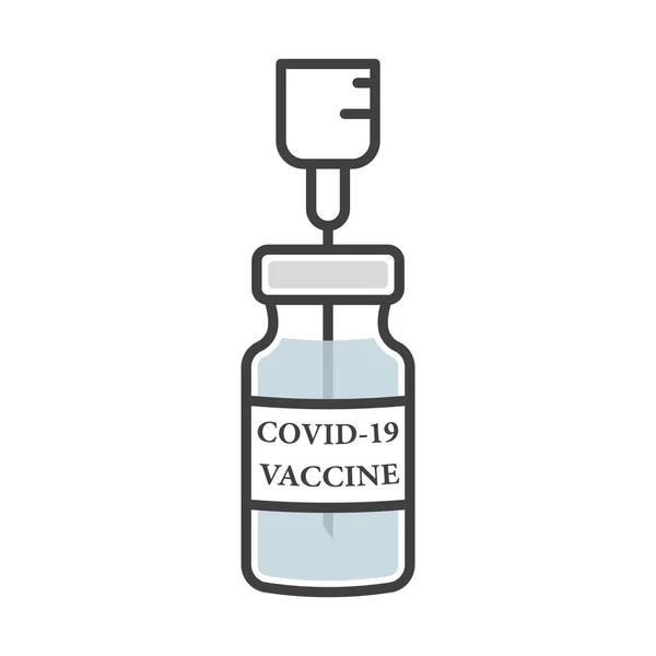 Піктограма ампули вакцини проти ковіда-19. Прості кольорові банки зображують з вакциною проти вірусу, і шприц всередині нього. Ізольований вектор на білому тлі . — стоковий вектор