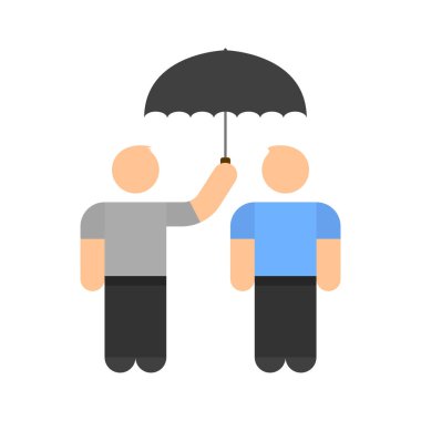 Şemsiyenin altında iki kişi var. Bir şemsiyenin altında duran iki adamın basit bir karikatür çizimi. Saf beyaz arkaplanda izole edilmiş bir vektör.