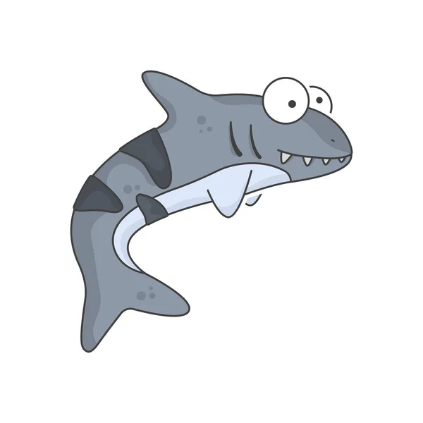 Şirin köpek balığı bebek ikonu. Nazik ve güler yüzlü bir yırtıcının kabarık gözlü görüntüsü. Temiz beyaz arkaplanda izole edilmiş vektör çizimi. Stok Illüstrasyon