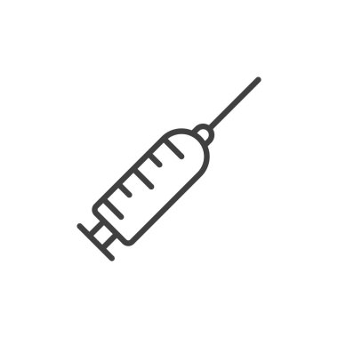 Şırınga, iğne çizgisi ikonu, dış hat vektör işareti, beyaz üzerine izole edilmiş doğrusal resim. Sembol, logo çizimi. Düzenlenebilir felç. Piksel mükemmel.