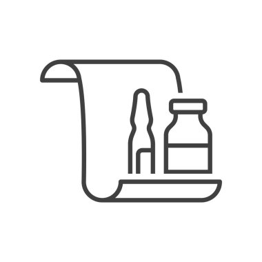 Bir kağıt parçasında koronavirüs aşısı olan farklı şekillerde iki ampul. Sertifikalı Virüs Enjeksiyonu Hazırlama. Temiz beyaz arkaplanda izole edilmiş doğrusal vektör resmi.