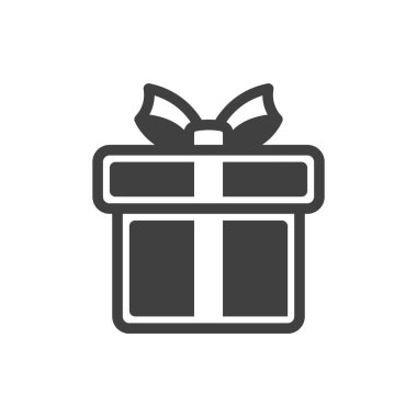 Fiyonklu bir kurdeleyle bağlanmış hediye kutusunun simgesi. Kapalı bir kutunun basit bir resmi. Koyu renk. Saf beyaz arkaplanda izole edilmiş bir vektör.