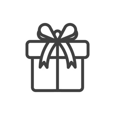 Yay ve iplikle bağlanmış bir hediye kutusunun simgesi. Kapalı bir kutunun basit bir resmi. Temiz doku. Saf beyaz arkaplanda izole edilmiş bir vektör.