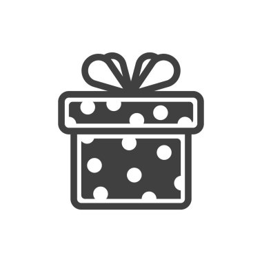 Fiyonklu hediye kutusu ikonu. Kapalı bir kutunun basit bir resmi. Koyu benekli kumaş. Saf beyaz arkaplanda izole edilmiş bir vektör