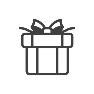 Yay ve çift iplikle bağlanmış hediye kutusunun simgesi. Kapalı bir kutunun basit bir resmi. Temiz doku. Saf beyaz arkaplanda izole edilmiş bir vektör