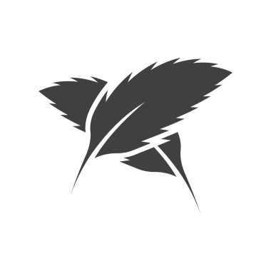 İki nane yaprağının ikonu birbirinin üstünde duruyor. Çarşafların çapraz konumu. Siyaha bulanmış kavisli bir nane yaprağının basit bir resmi. Saf beyaz arkaplanda izole edilmiş vektör.