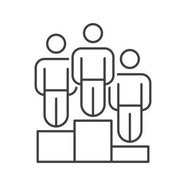 Ödül kazanan üç yerde ikon insanlar. Üç ödül pedistalah üzerinde duran insanların basit lineer görüntüsü. Beyaz arkaplanda izole edilmiş vektör.