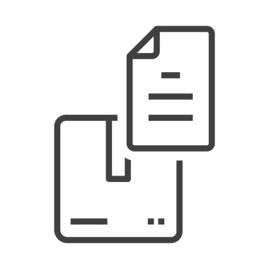 Belgeli paket simgesi. Bir kutunun içindeki bir paketin ve bir belgenin basit doğrusal görüntüsü. Saf beyaz arkaplanda izole edilmiş vektör.