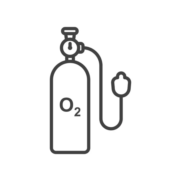 Icono de cilindro de oxígeno con máscara respiratoria. Una vista lineal simple de un cilindro de oxígeno con un manómetro, snorkel y máscara respiratoria. Vector aislado sobre fondo blanco puro. — Vector de stock