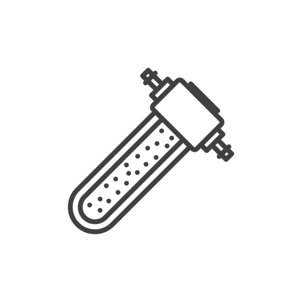 Kraftstofffilter-Symbol mit sichtbarem Kraftstoffnetz-Reinigungssystem. Treibstoffein- und -auslass von verschiedenen Seiten. Einfache Linienzeichnung eines Direktkraftstofffilters. Isolierter Vektor auf weißem Hintergrund. — Stockvektor