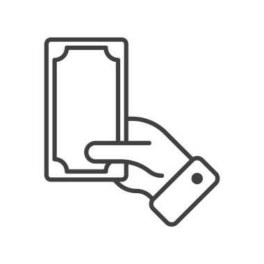 Kağıt para tutan elin simgesi. Bağlantı para transferinin basit doğrusal görüntüsü. Saf beyaz arkaplanda izole edilmiş vektör.