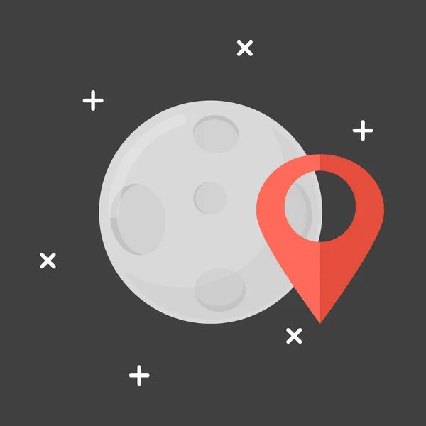 Ilustración de dibujos animados de la luna con el icono de geolocalización. Imagen plana simple de la geoetiqueta en la luna, navegando por el navegador por satélite. Vector. — Archivo Imágenes Vectoriales