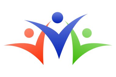 Soyut insan simgesi. Birliğin, birliğin ve barışın sembolü. Üç siluette izole edilmiş renk görüntüsü. Vektör illüstrasyonu.