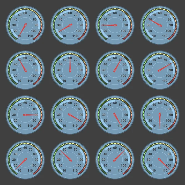 A set of dials with temperature readings from 0 to 110. Individual hand for each temperature indicator. Digital and temperature scale from green to red. Vector illustration of a round thermometer. — Vettoriale Stock