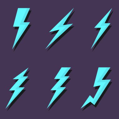 Thunder and lightning icons set. Various design options. Vector illustration on a dark background.