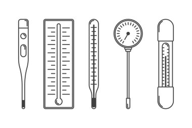 Termometre simgeleri ayarlandı. Vücudun, yüzeyin ve çevrenin sıcaklığını ölçmek için elektronik ve cıvalı termometrenin görüntüsü. Vektör.