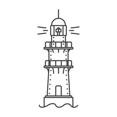 Deniz feneri ikonu. Gemiler için referans noktası görevi gören bir kıyı yapısının basit bir çizimi. Binanın metal iskeleti. Vektör.