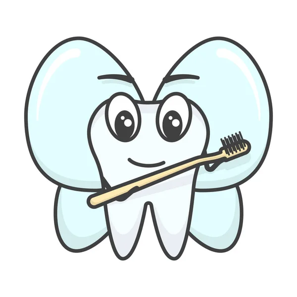 Tandfen med vingar som håller en tandborste i händerna. Söt tecknad illustration av en tand med vingar. Isolerad vektor på vit bakgrund. — Stock vektor