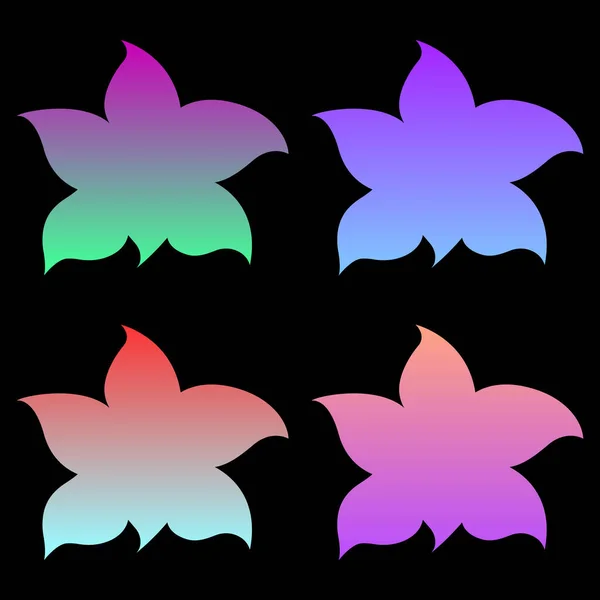 색다른 색깔의 꽃들. 같은 종류의 네 개의 꽃 이 특이 한 색깔로 있다. 검은 바탕에 분리 된 벡터. — 스톡 벡터