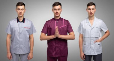 Üniformalı genç adam. Gri arkaplanda farklı pozlarda portre