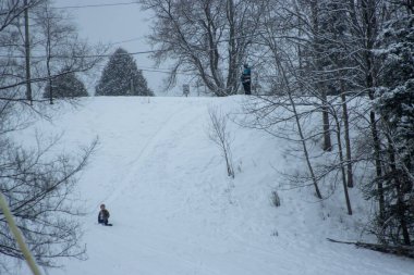 İnsanlar kışın bir tepede kayıyor.