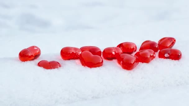 雪の公園で寒い冬の日にパウダースノーに小さな明るい赤いガラスの心のセット ロマンチックな愛の象徴 バレンタインデーの休日のコンセプト — ストック動画