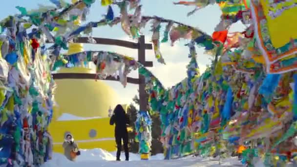 Women Tourists Take Photos Lots Colorful Tibetan Prayer Flags Hanging — Stock Video