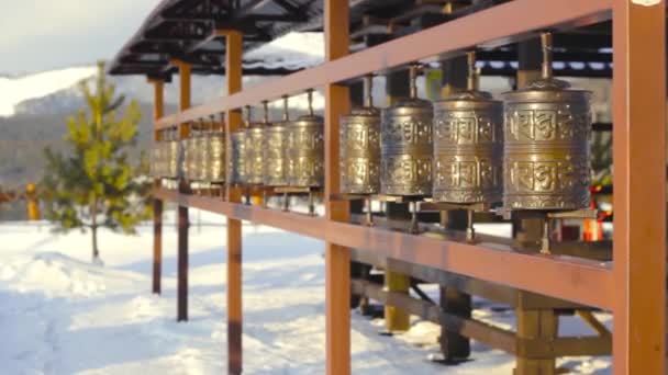 Unknown Man Rolling Prayer Wheels Tibetan Mantra Pray Temple Complex — Stock Video