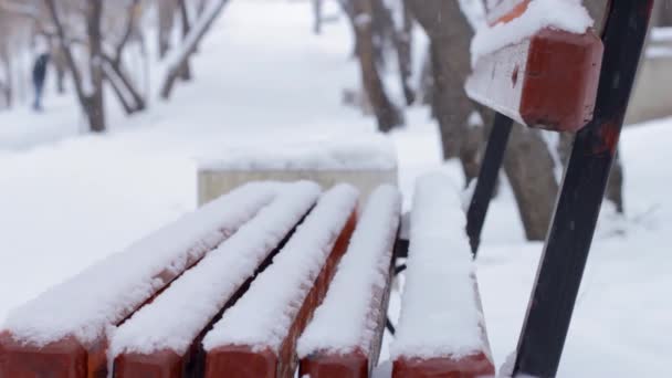 Schneefall Winterlichen Öffentlichen Park Leere Bank Unter Schnee Mit Schneeverwehungen — Stockvideo