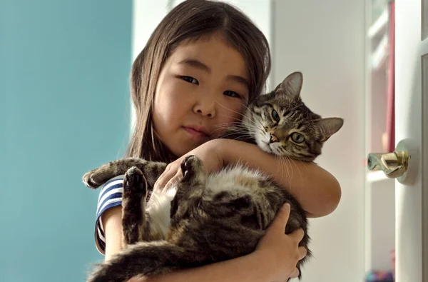 Bambino ritratto con domestico animale domestico, carino asiatico ragazza holding tabby gatto Immagine Stock
