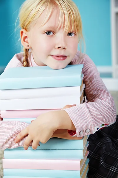 Schoolchild on blackboard background — Stock Photo, Image