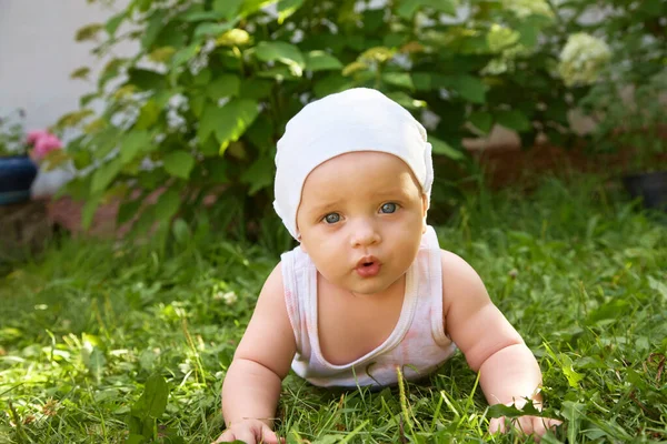 Retrato al aire libre de un bebé a cuatro patas. gatear de rodillas niño en la hierba en un parque de verano . —  Fotos de Stock